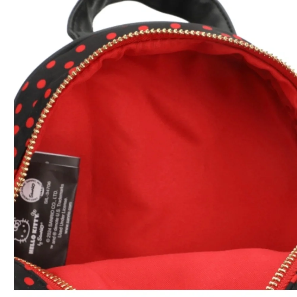 HELLO KITTY Sanrio Mini Backpack with Zipped Front Pocket Black Red Polka Dots - Picture 11 of 15